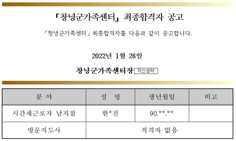 창녕군가족센터 최종합격자 공고