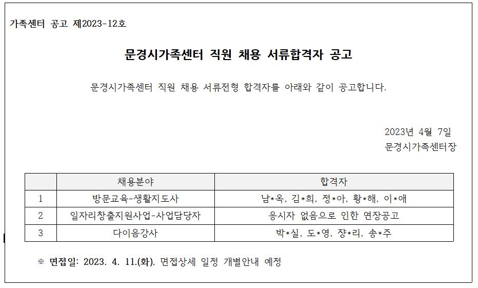 [제2023-12호] 문경시가족센터 직원 채용 서류합격자 공고