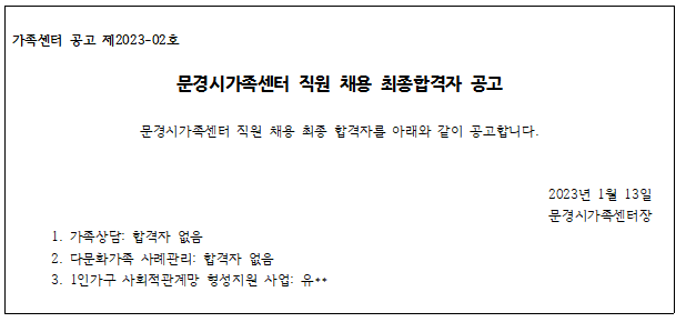 [제2023-02호] 문경시가족센터 직원 채용 최종합격자 공고