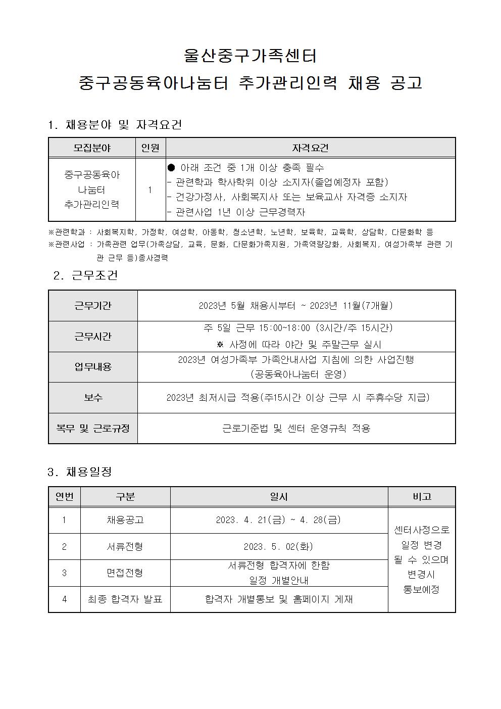 <긴급>중구공동육아나눔터 추가관리인력 채용공고