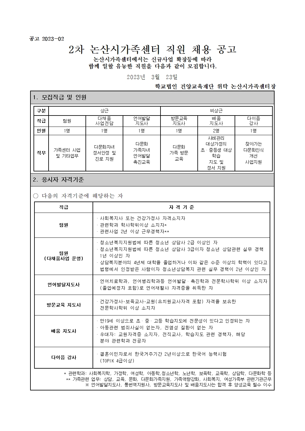 논산시가족센터 직원채용 공고(1차)