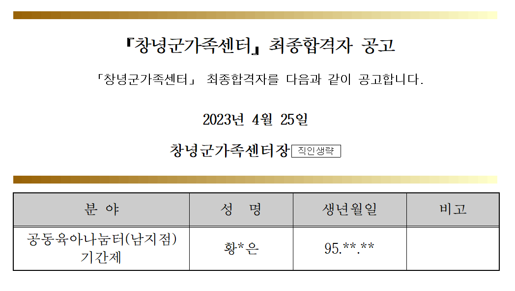창녕군가족센터 공동육아나눔터(남지점) 기간제 근로자 합격자 공고 