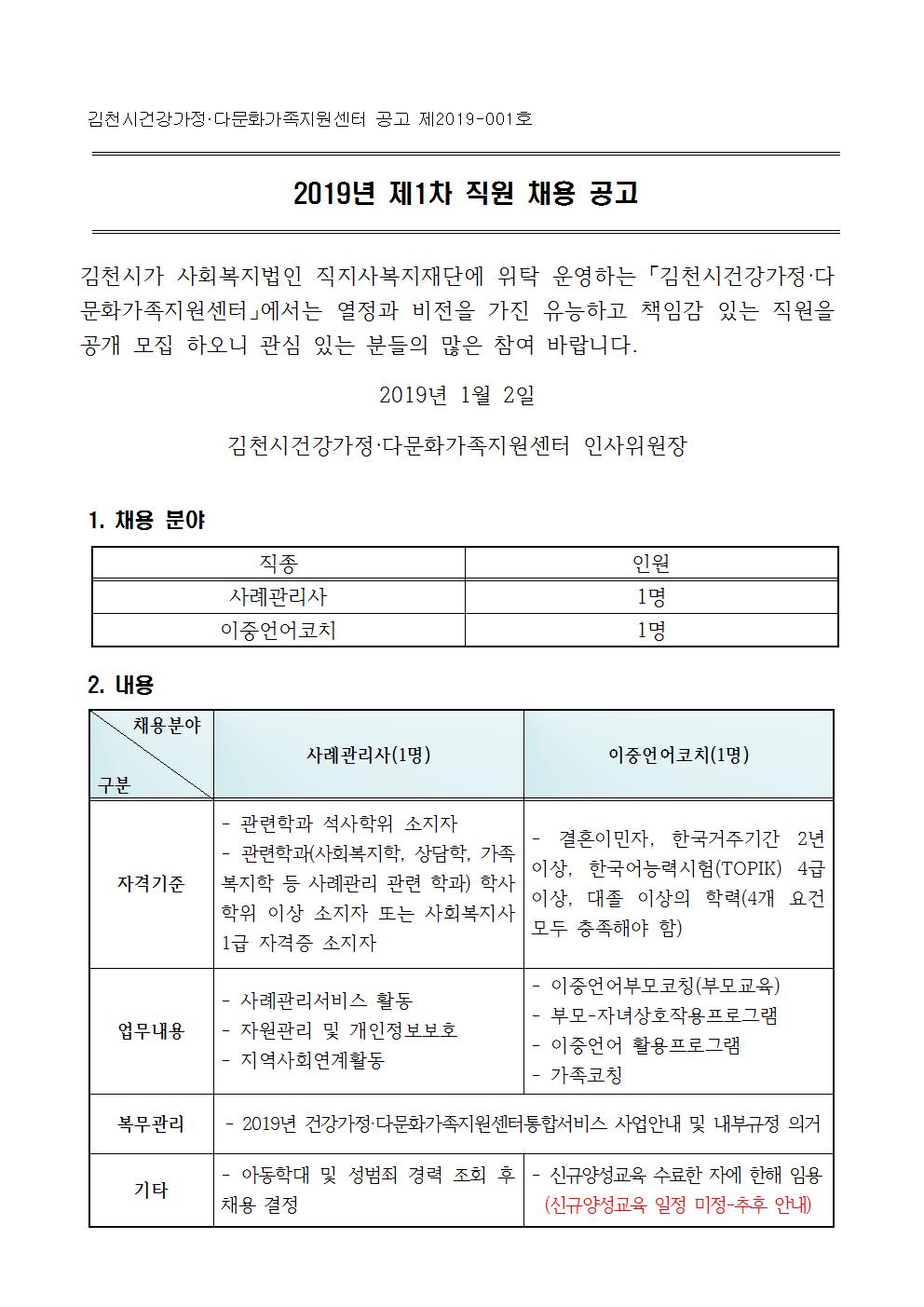 2019년 제1차 직원 채용 공고(사례관리, 이중언어 코치)