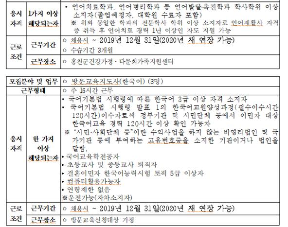 2019년 홍천군건강가정다문화가족지원센터 직원 채용공고(언어발달,방문한국어,아이돌보미)
