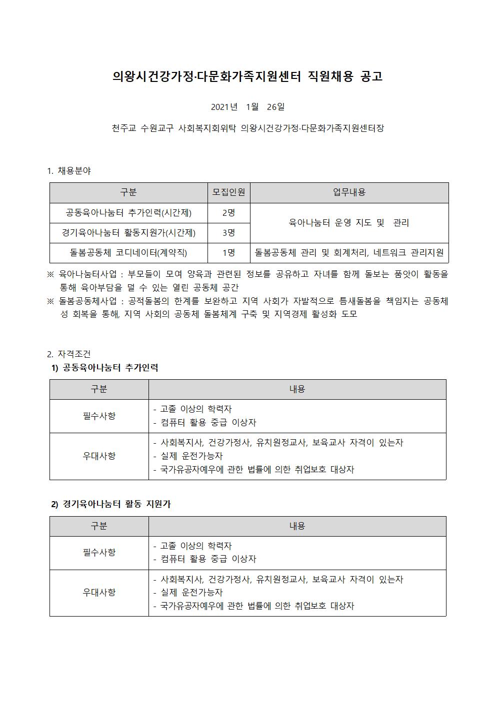 2021년 직원 채용공고(육아나눔터, 돌봄공동체)
