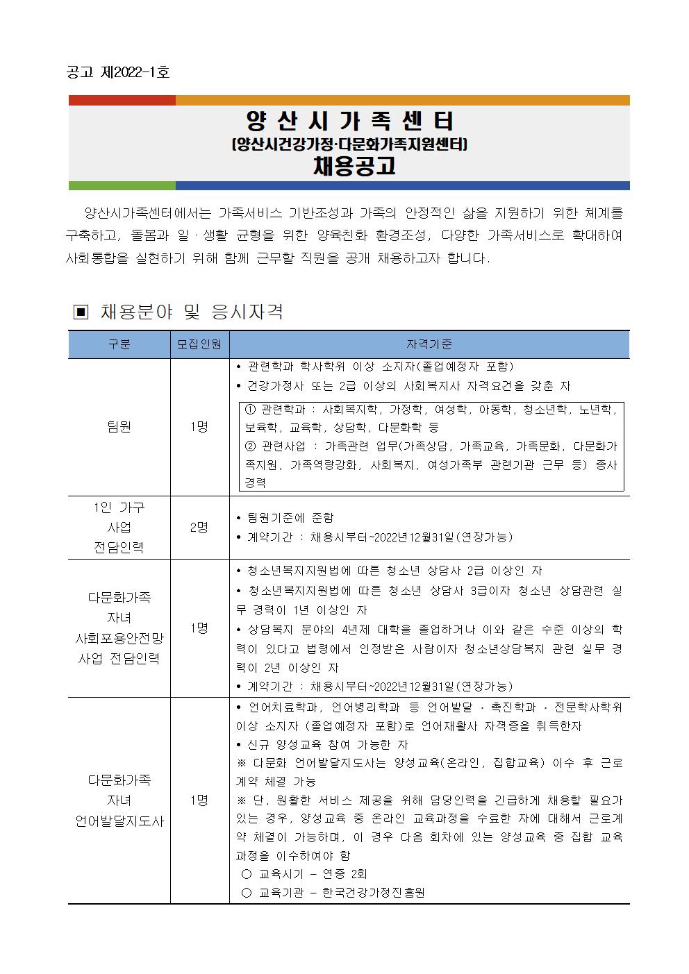 공고 제2022-1호 양산시가족센터 채용 공고