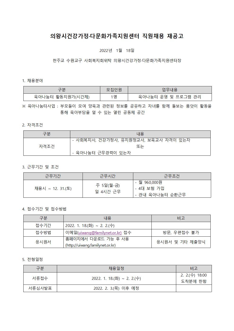 2022년 직원 채용공고(육아나눔터 활동지원가)