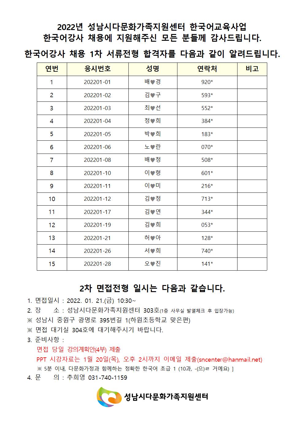 2022년 한국어사업 한국어강사 채용 서류전형 합격자 공고 및 면접 일정 안내