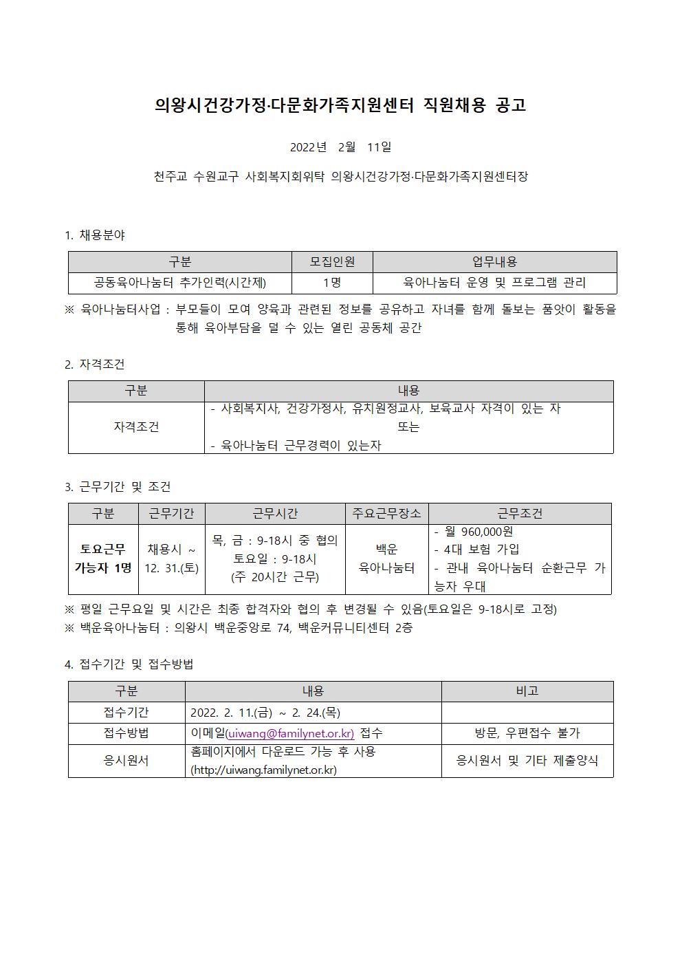 2022년 직원 채용공고(공동육아나눔터 추가인력)