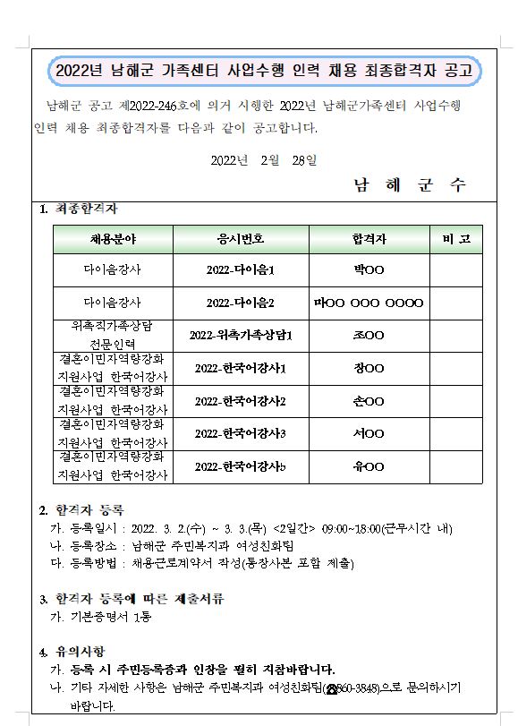2022년 남해군가족센터 사업수행 인력 최종합격자 공고