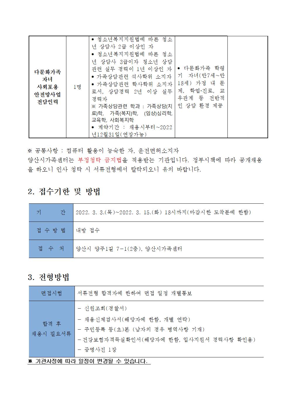 재공고 제2022-3호 양산시가족센터 채용 공고