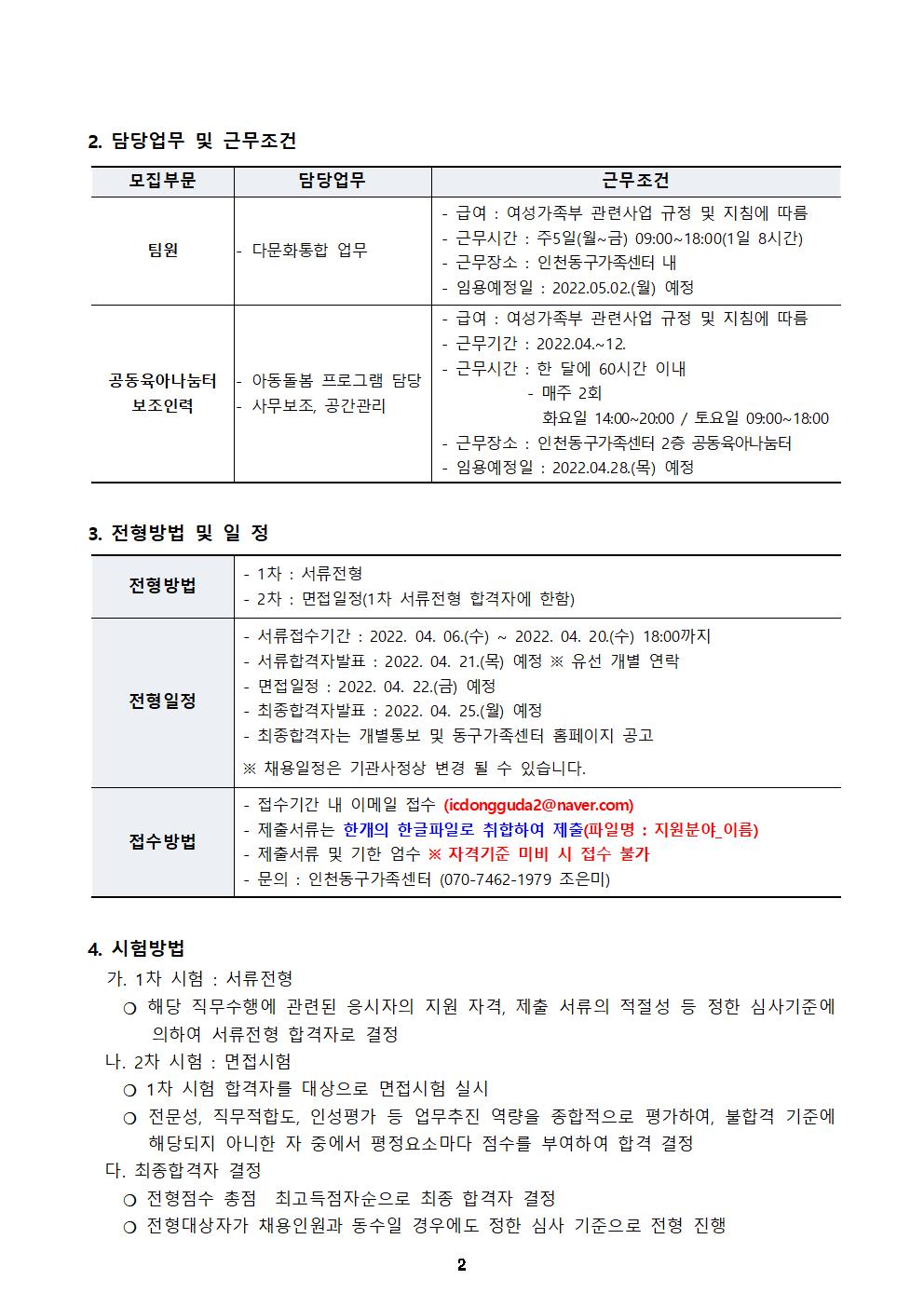 2022년 인천광역시동구가족센터 직원 채용 공고