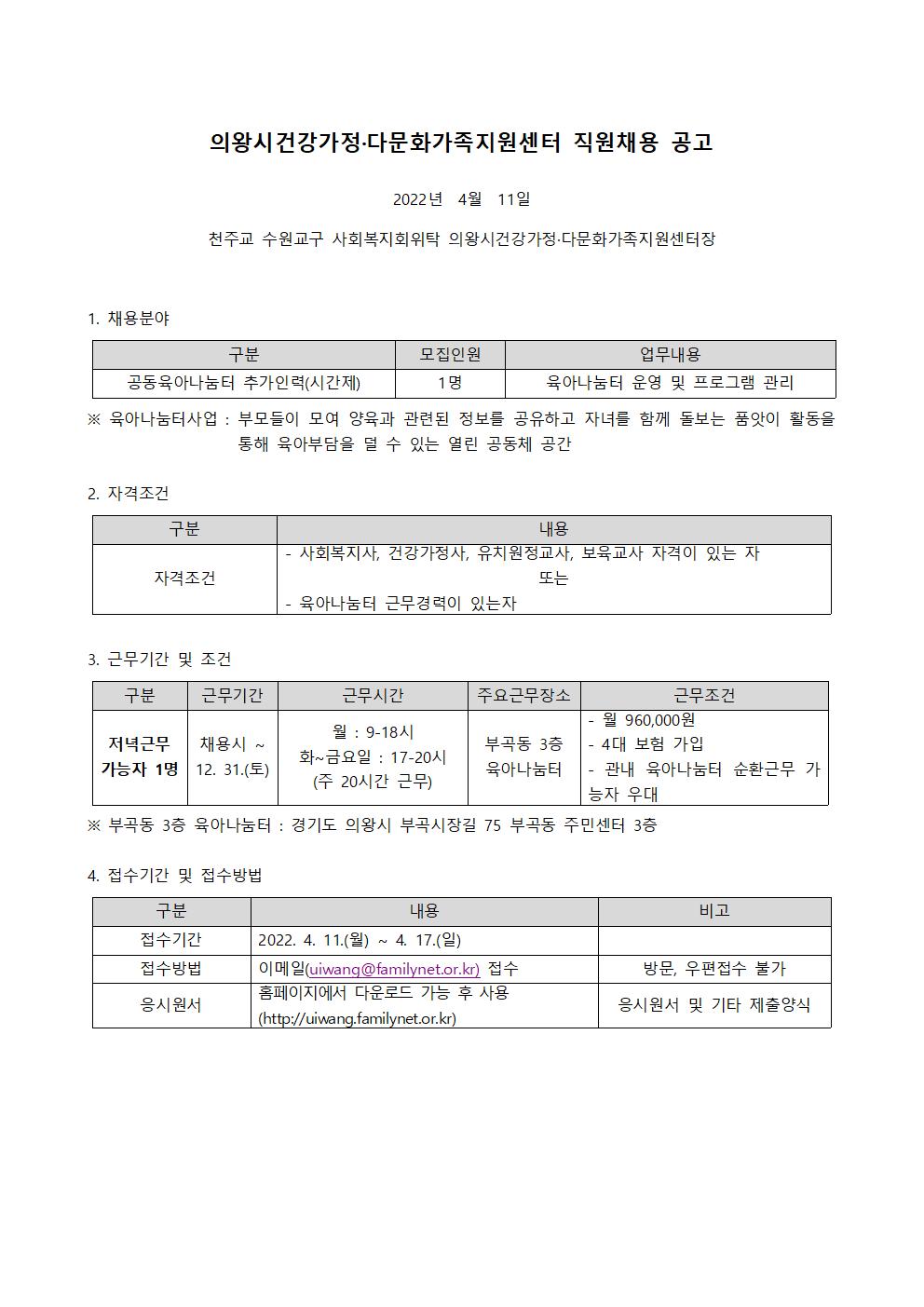 2022년 직원 채용 공고 기한연장(공동육아나눔터 추가인력)