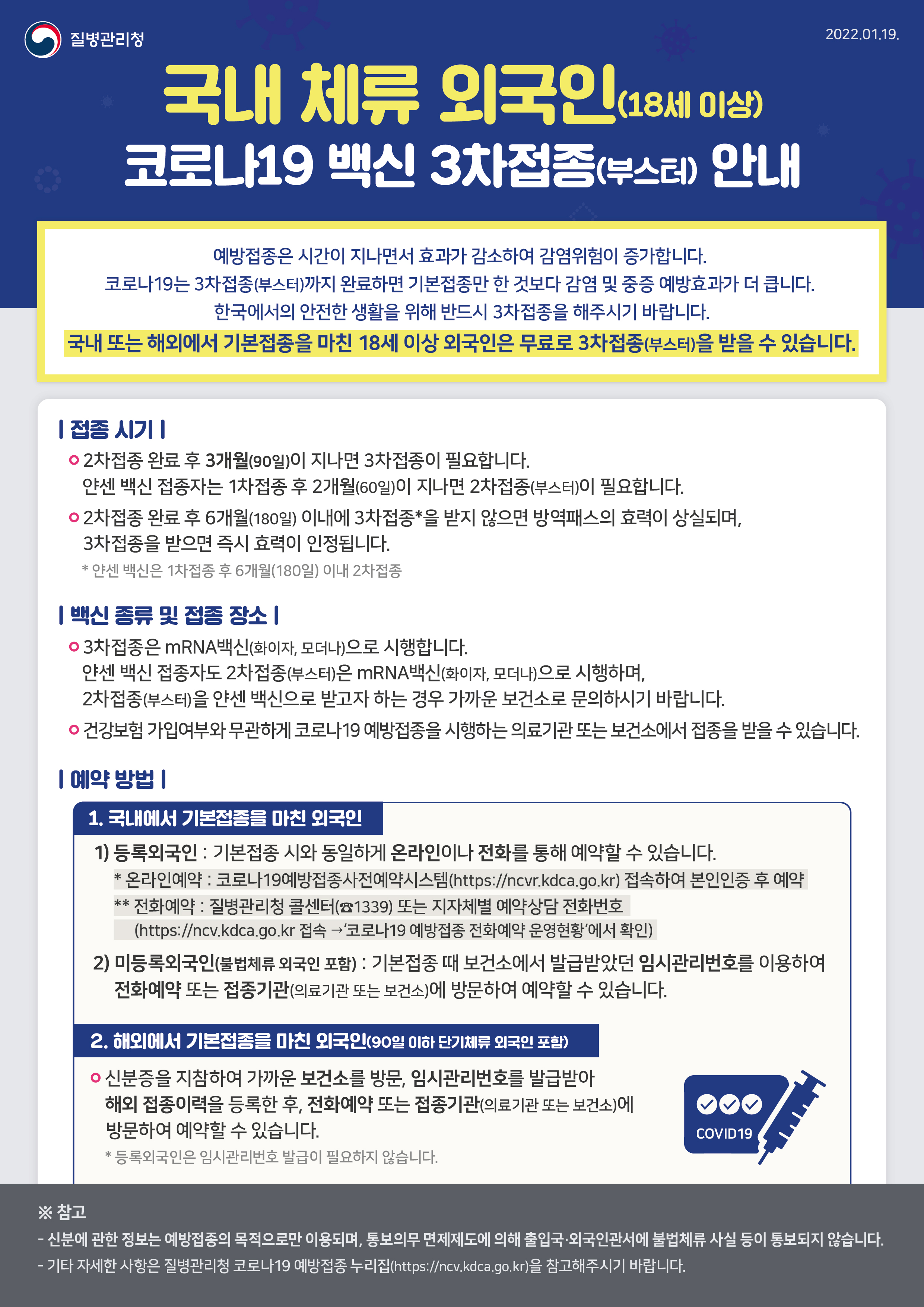 안내] 국내체류 외국인 백신 3차 접종 재안내