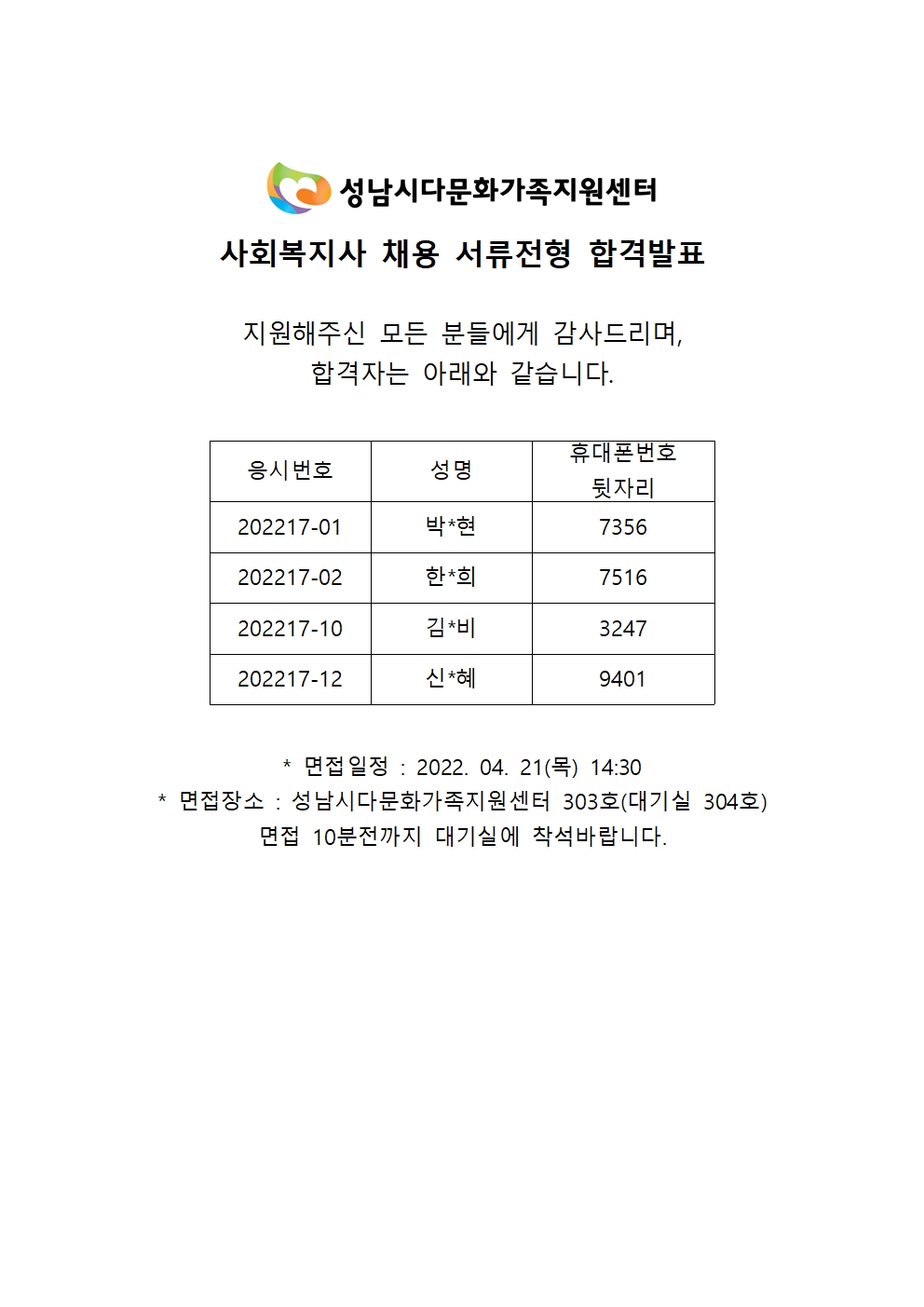 2022년 사회복지사 채용 서류합격자 발표