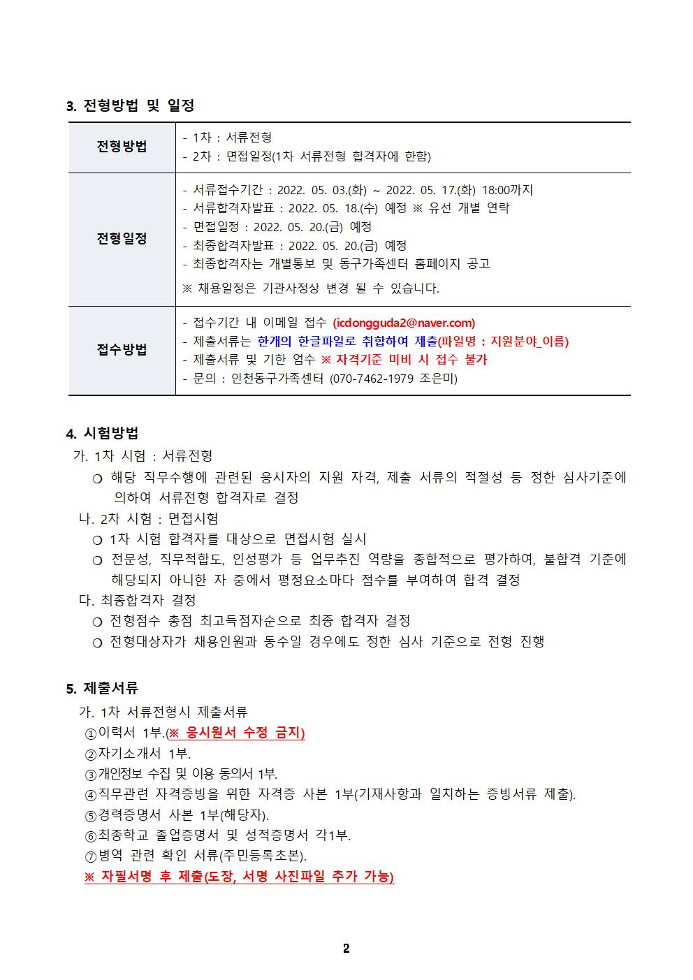 2022년 인천광역시동구가족센터 직원 채용 공고