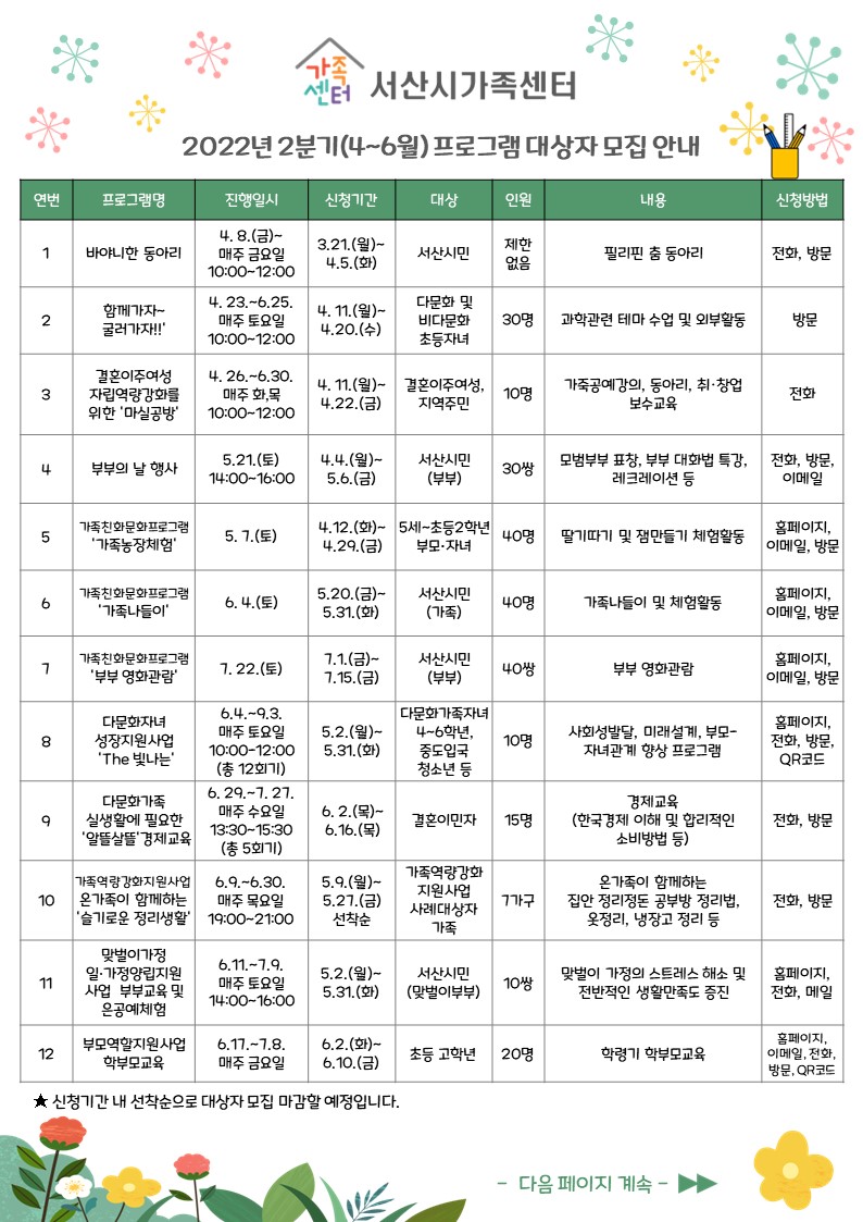 서산시가족센터 2분기 프로그램 대상자 모집 안내