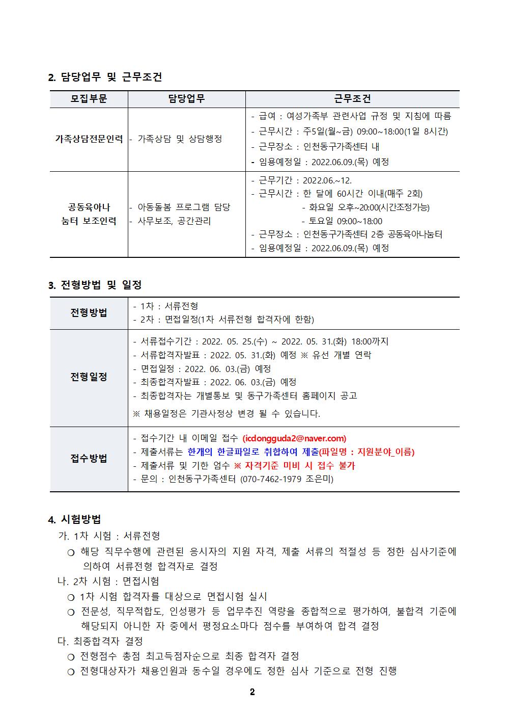 [재공고] 2022년 인천광역시동구가족센터 직원 채용 공고 