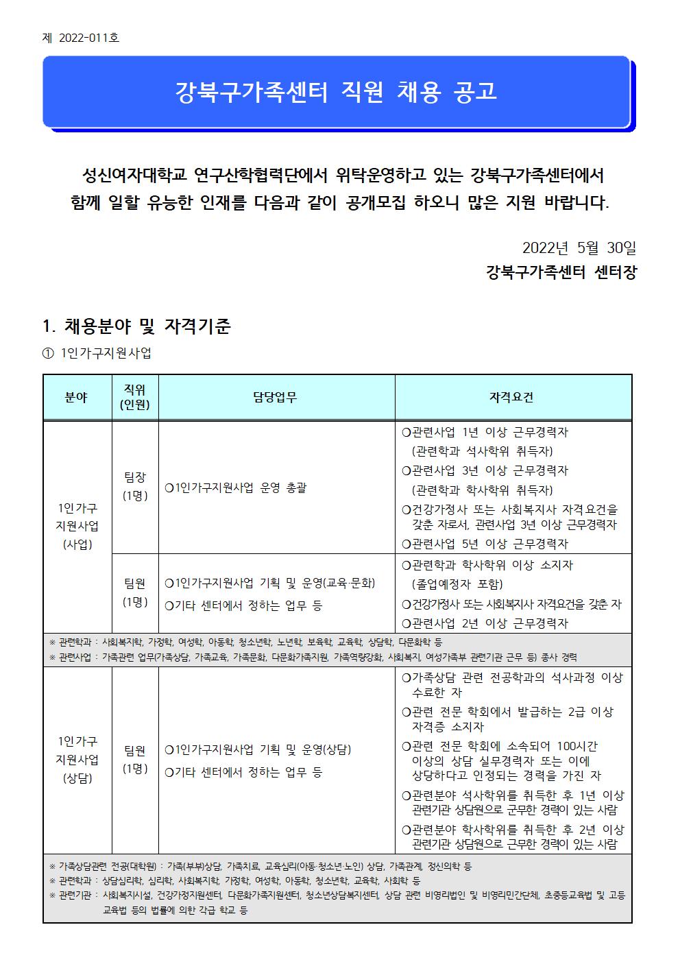 2022년 강북구가족센터 1인가구지원사업 및 공동육아나눔터 직원 채용 공고 (제 2022-011호)