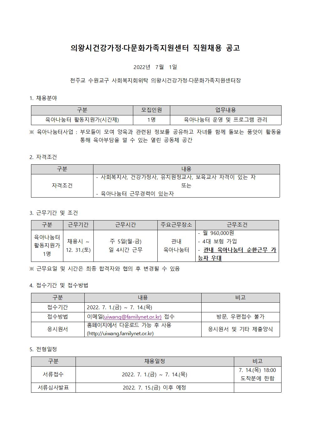 2022년 육아나눔터 활동지원가 채용 공고(시간제)