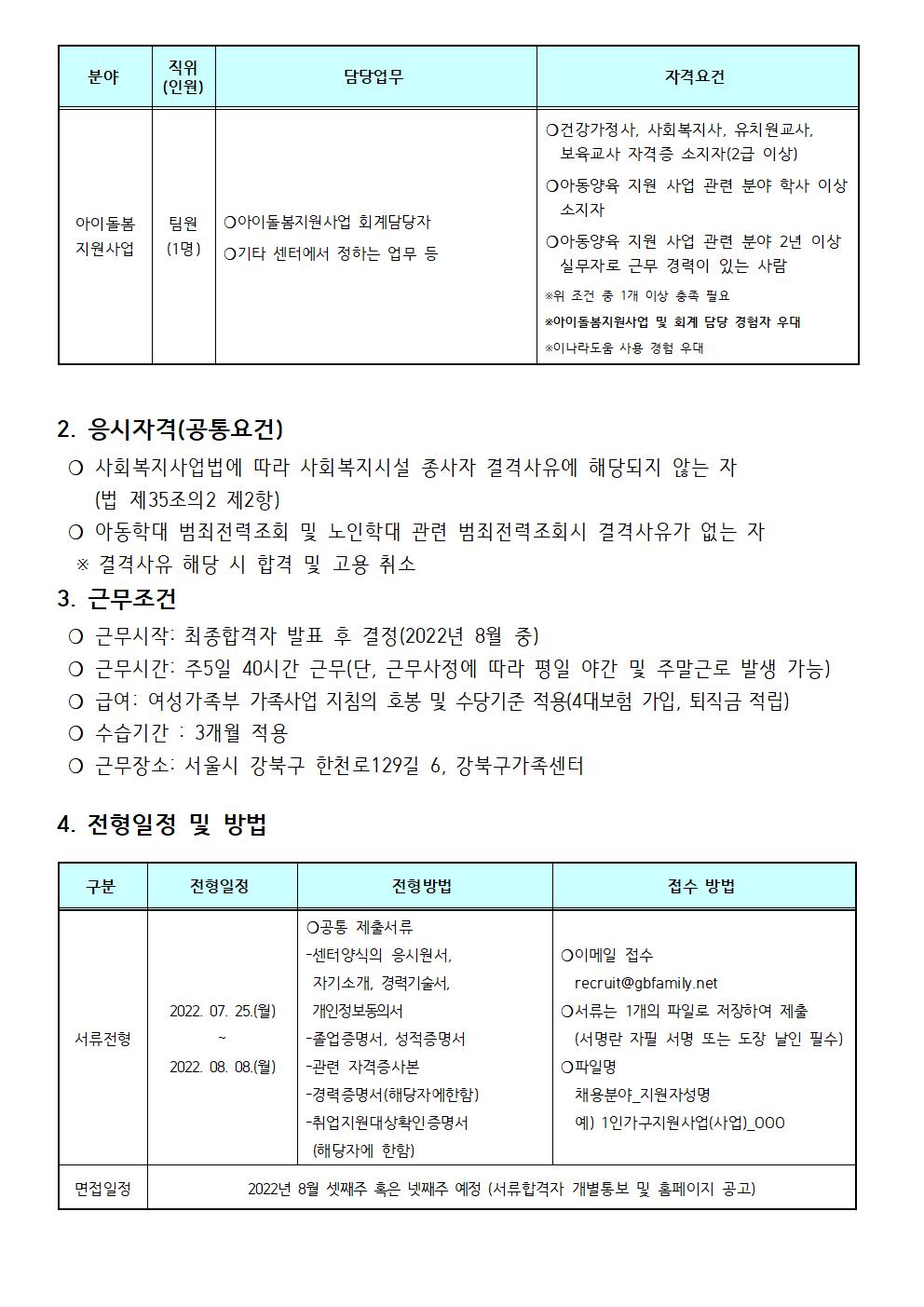 2022년 강북구가족센터 1인가구지원사업 및 아이돌봄지원사업 직원 채용 공고 (제 2022-017호)