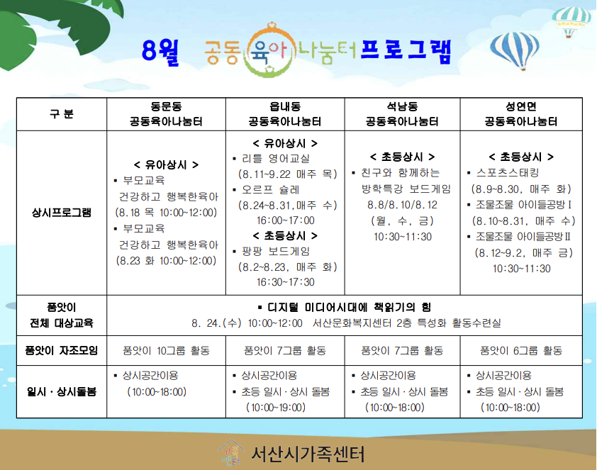 공동육아나눔터 8월 프로그램 안내