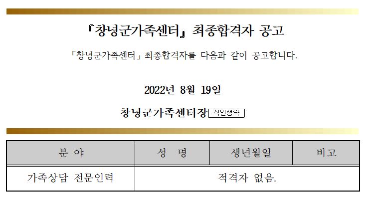 창녕군가족센터 가족상담 전문인력 최종합격자 공고 