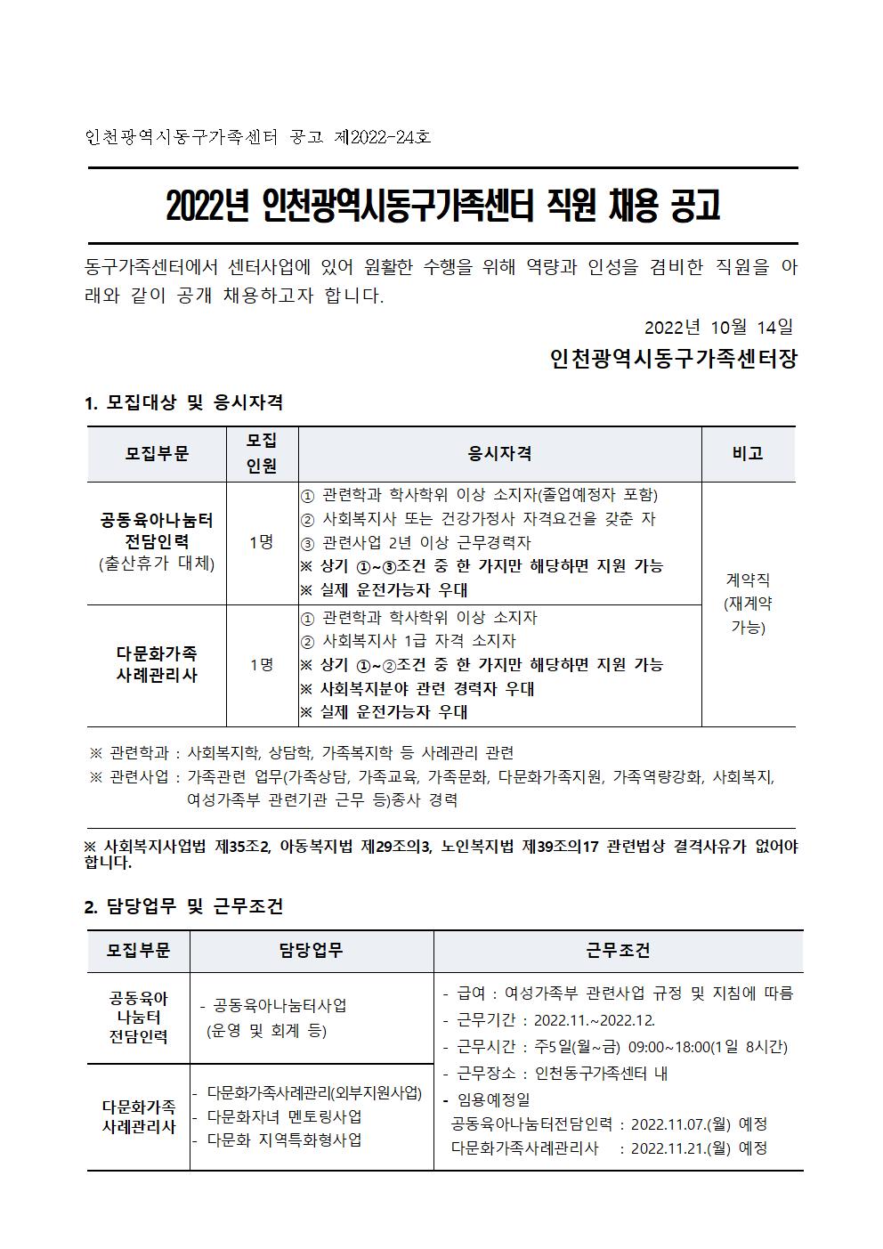 2022년 인천광역시동구가족센터 직원 채용 공고