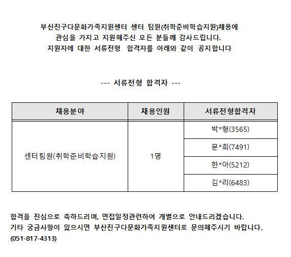 부산진구다문화가족지원센터 팀원(취학준비학습지원) 서류합격자 공고
