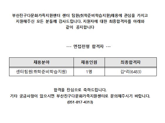 부산진구다문화가족지원센터 직원(취학준비학습지원사업) 최종 합격자 공고