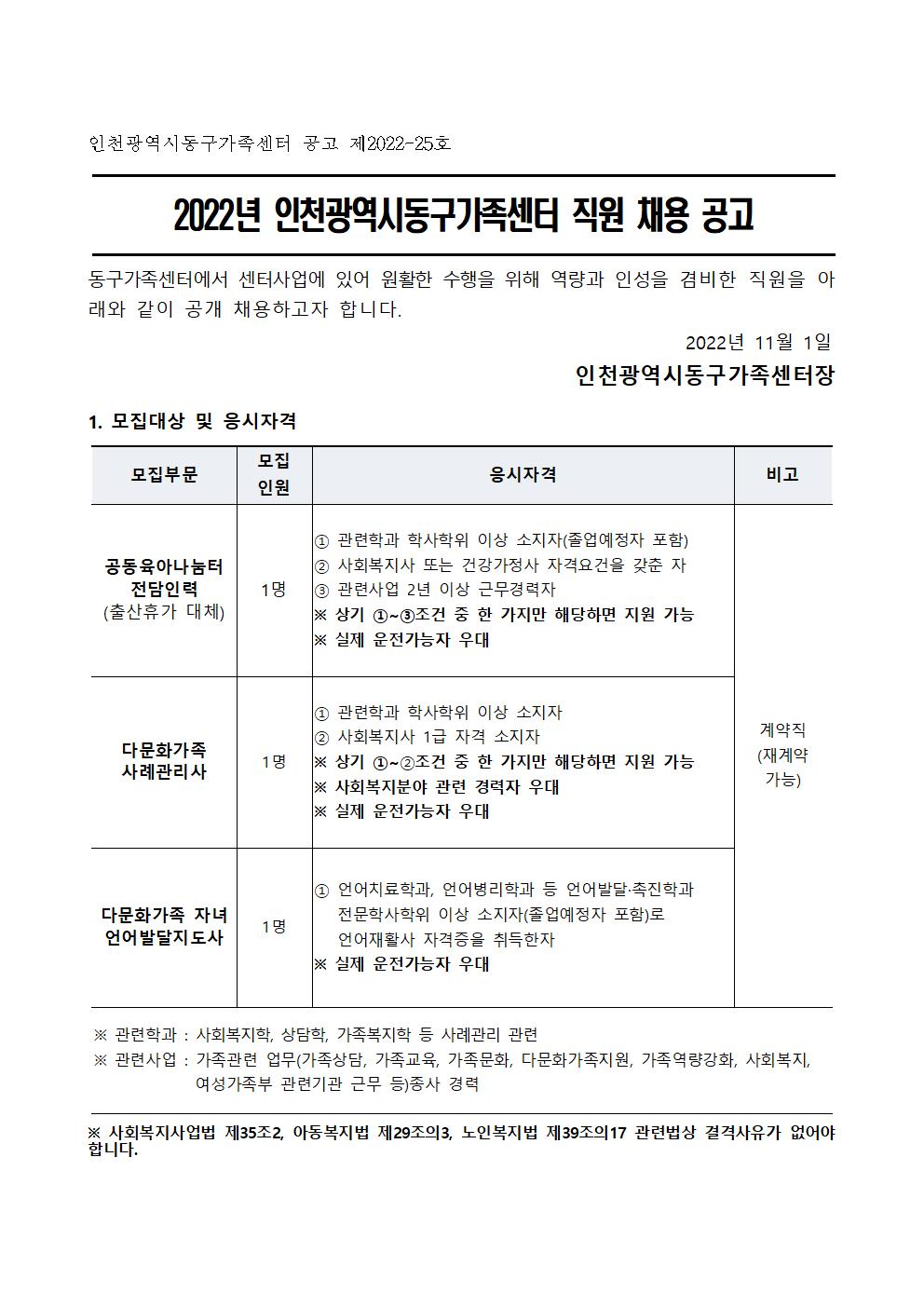 2022년 인천광역시동구가족센터 직원 채용 공고