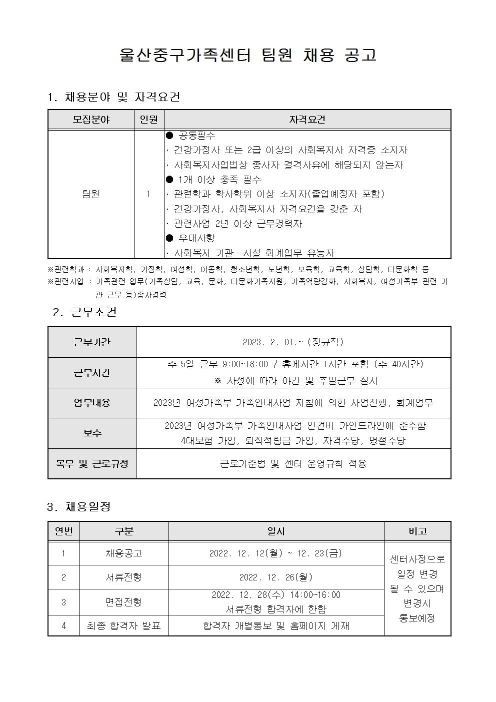 울산중구가족센터 팀원 채용공고