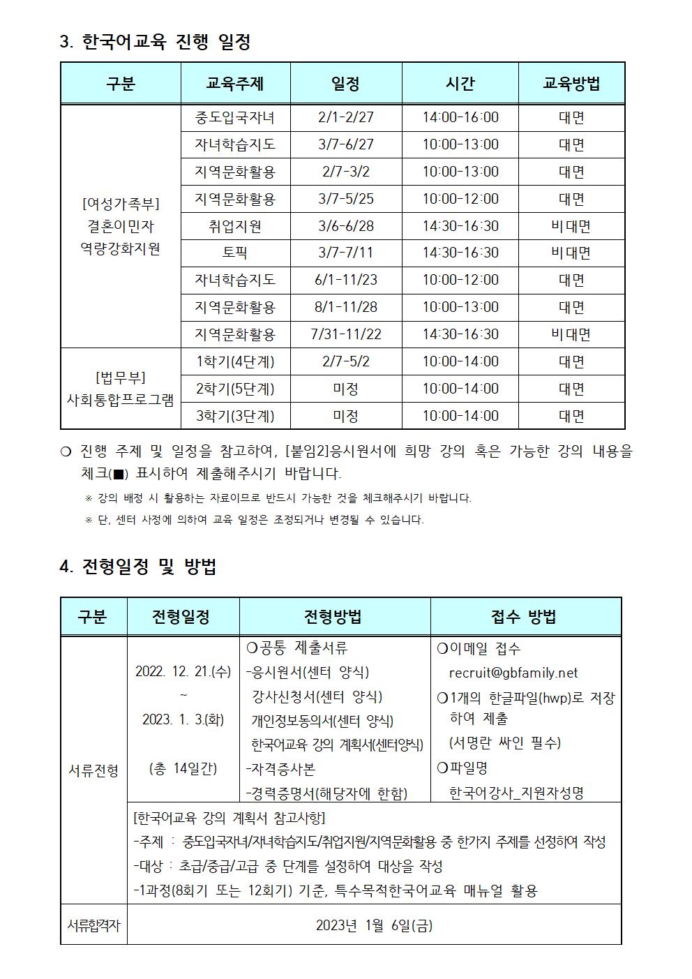 2023년 강북구가족센터 한국어교육 강사 채용 공고