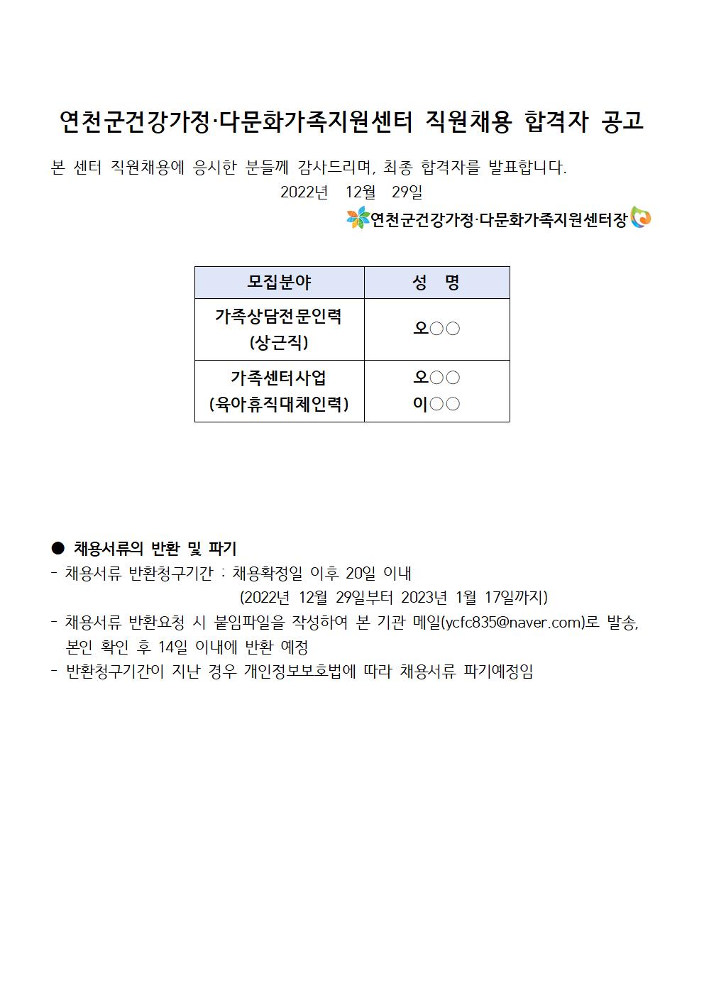 2022년 연천군건강가정·다문화가족지원센터 직원채용 합격자 공고