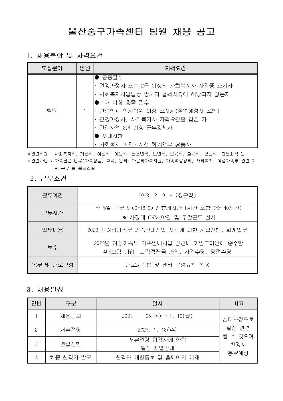 (재공고)울산중구가족센터 팀원 채용공고