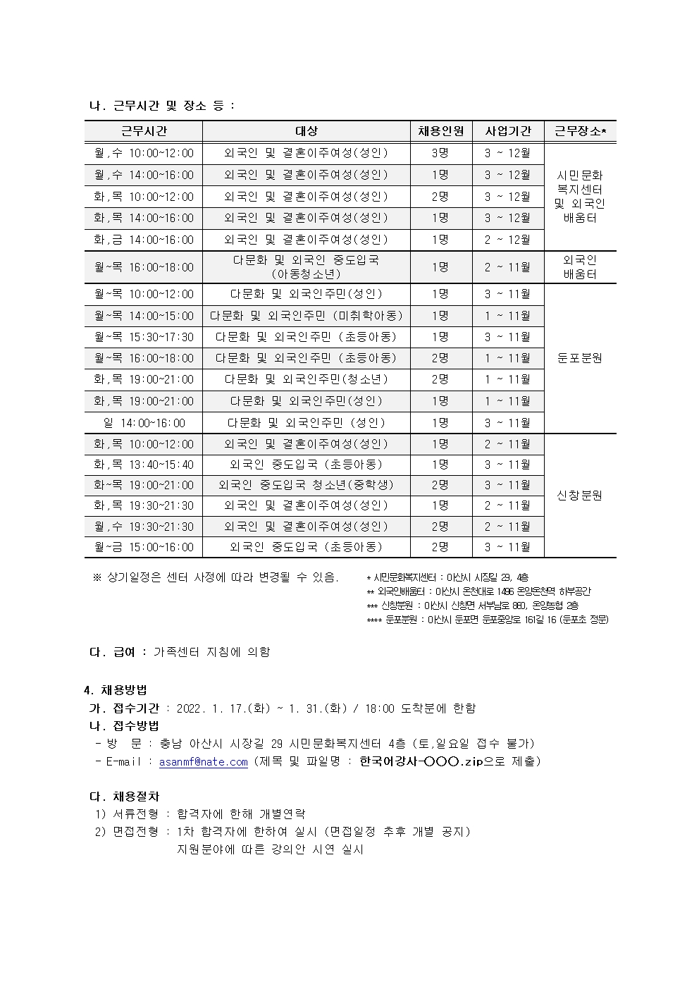 2023년 아산시가족센터 한국어강사 채용 공고