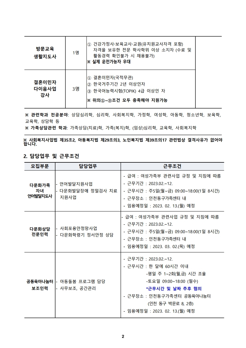 2023년 인천동구가족센터 직원 채용 공고