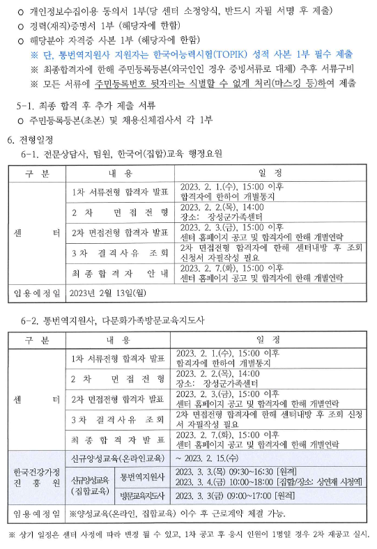[공고 제2023-001호] 직원채용 공고(전문상담사, 팀원, 통번역지원사, 한국어교육행정요원, 다문화방문교육지도사)