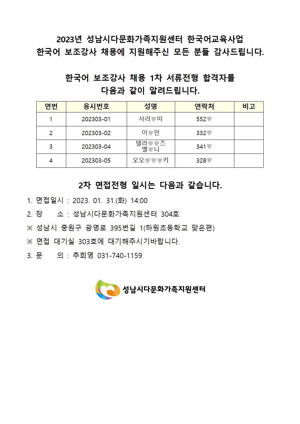 2023년 집합한국어교육 한국어 보조강사 채용 1차 합격자 및 면접일시 안내