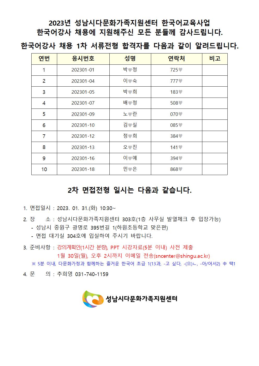 2023년 집합한국어교육 한국어강사 채용 1차 합격자 및 면접일시 안내