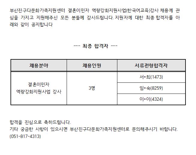 부산진구다문화가족지원센터 결혼이민자 역량강화지원사업(한국어 강사)채용 최종합격자 공고