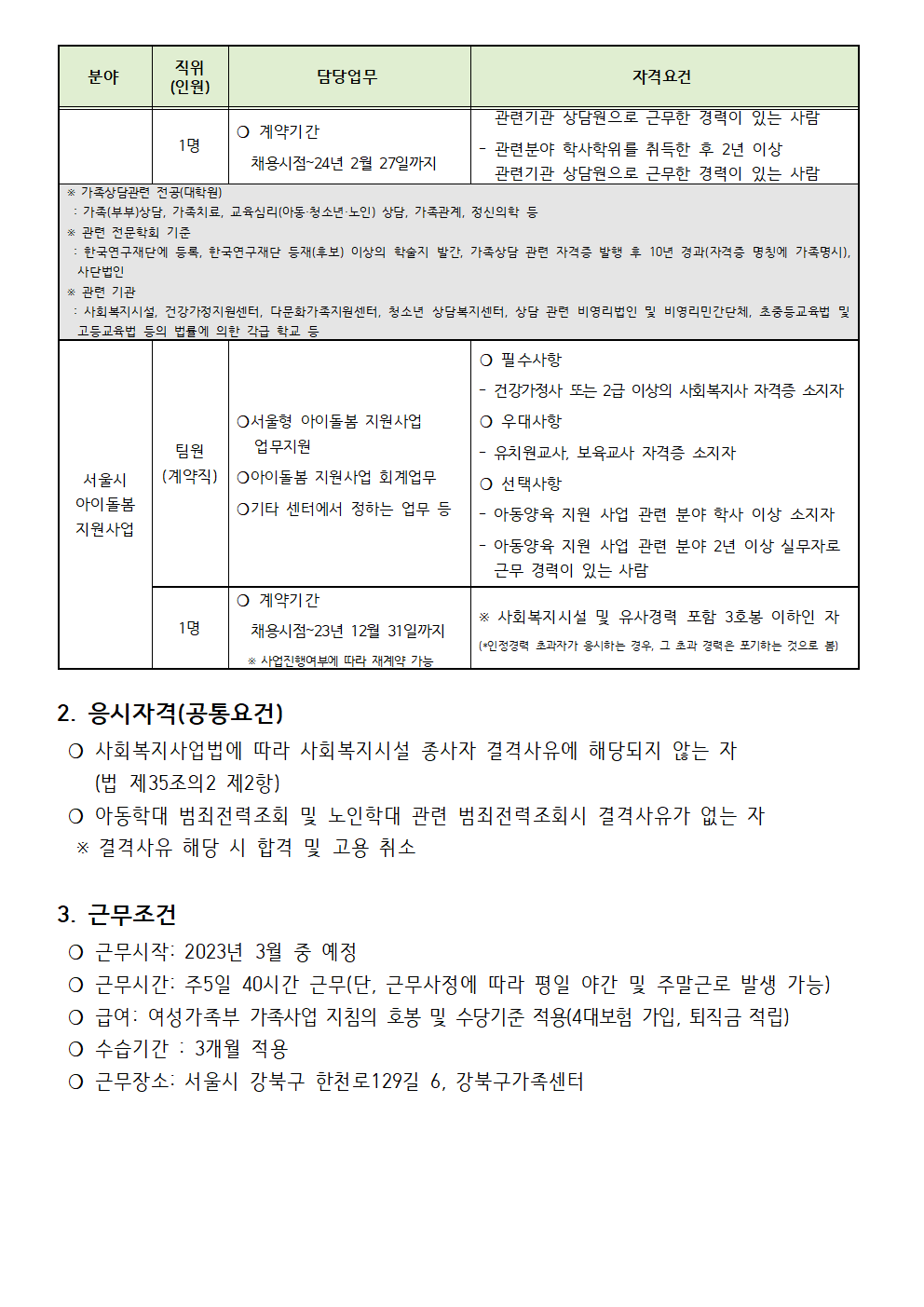 (제2023-004-1호) 2023년 강북구가족센터 직원 채용 공고