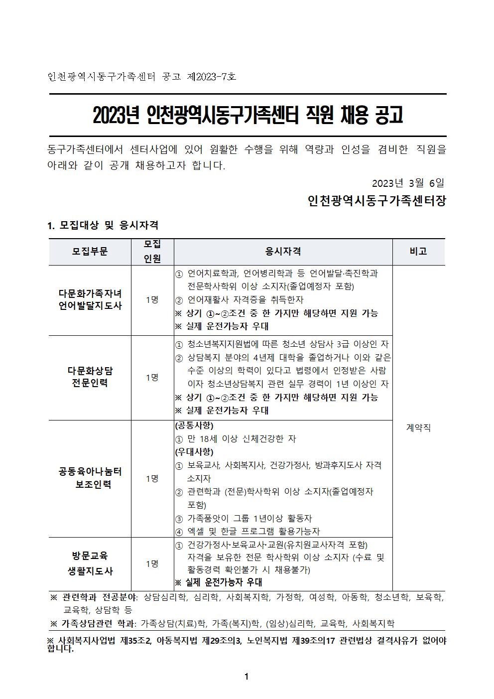 2023년 인천동구가족센터 직원공개 채용 공고