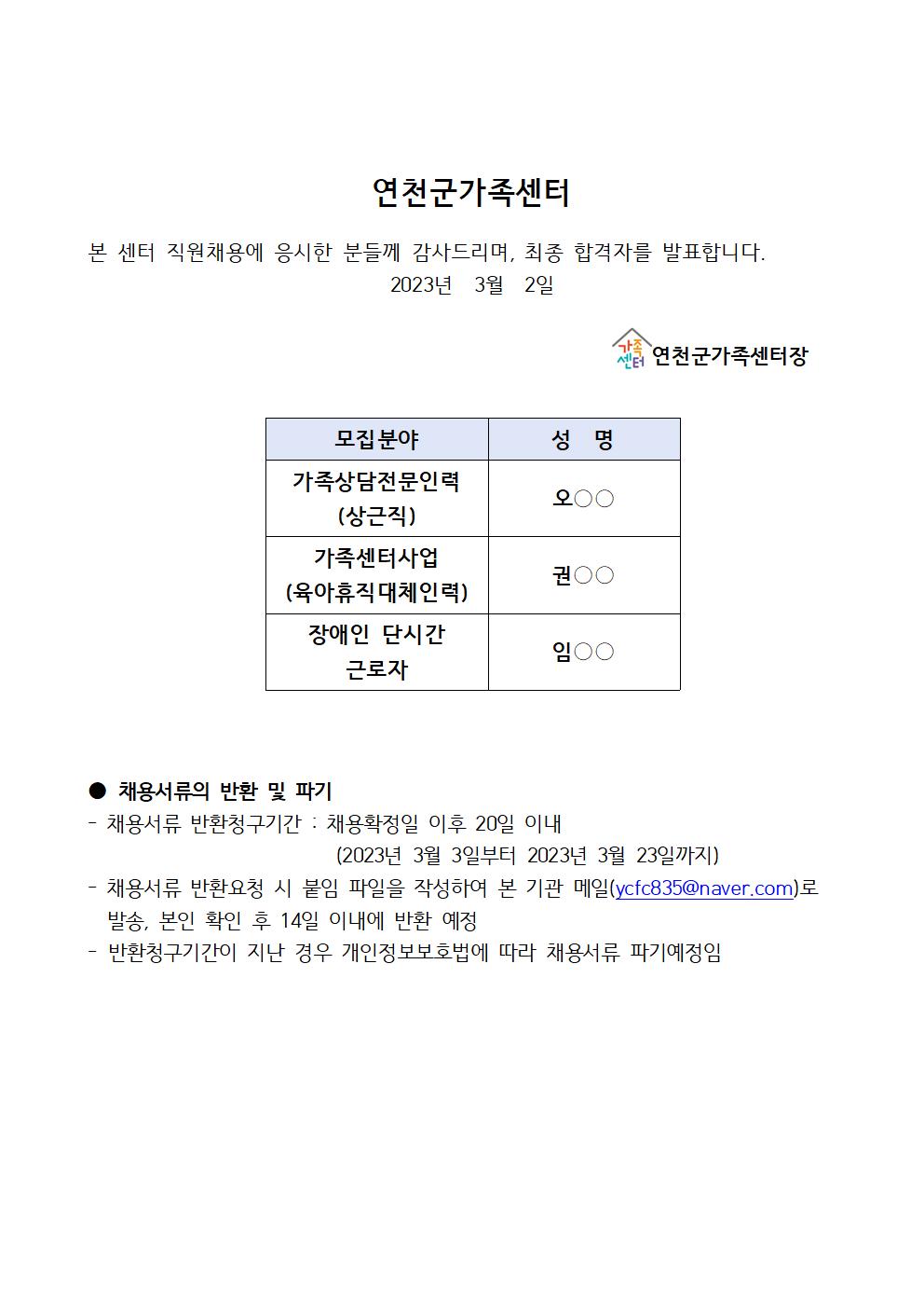 2023년 연천군가족센터 직원 공개채용 합격자 공고