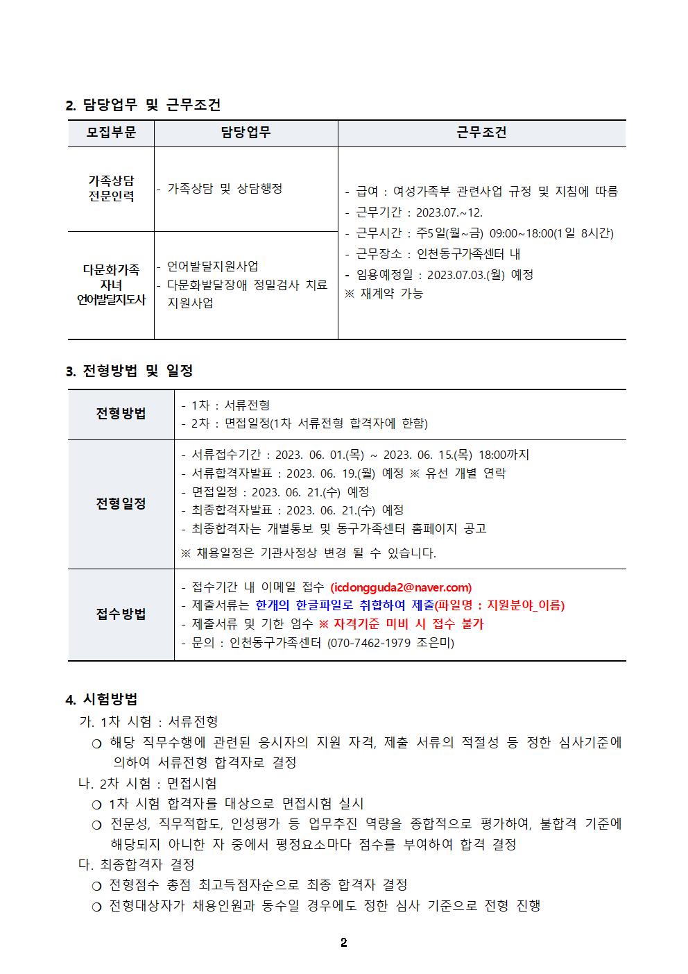 2023년 인천동구가족센터 직원공개 채용 공고