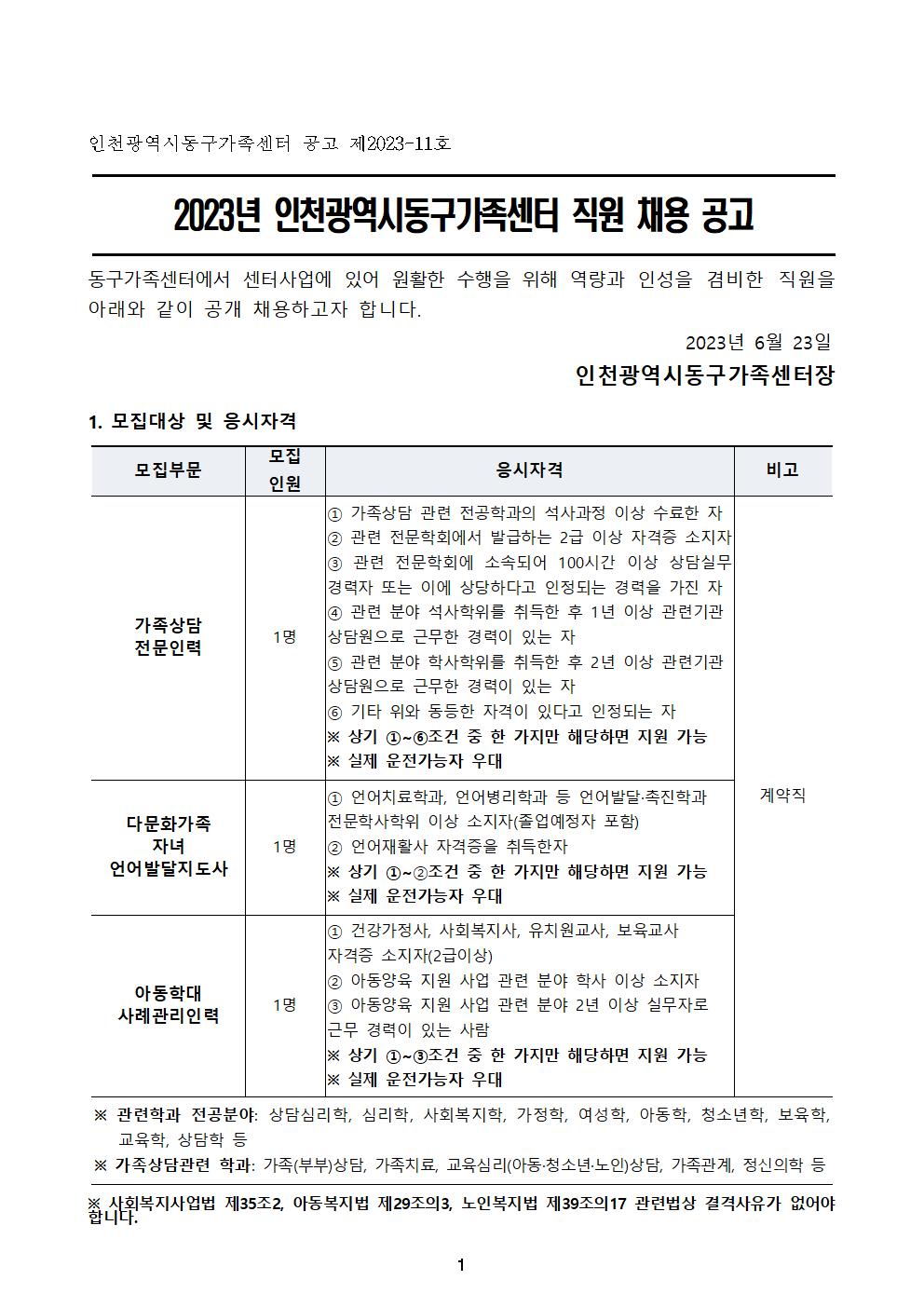 2023년 인천동구가족센터 직원공개 채용 공고