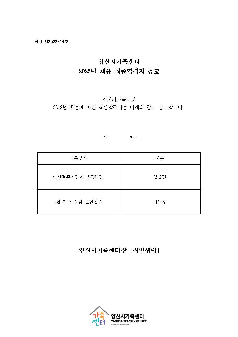 공고 제 2022-14호 합격자공고