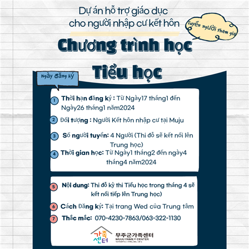 Dự án hỗ trợ giáo dục cho người nhập cư kết hôn / Chương trình học Tiểu học uyển người thêm gi / Ngày đăng ký  1. Thời hạn đăng ký: Từ Ngày 17 tháng 1 đến Ngày 26 tháng 1 năm2024 2. Đối tượng: Người Kết hôn nhập cư tại Muju 3. Số người tuyến: 4 Người (Thi đỏ sẽ kết nối lên Trung học) 4. Thời gian học: Từ Ngày tháng 2 đến ngày 4 tháng 4 năm 2024 / 5. Nội dung: Thí đỗ kỳ thi Tiểu học trong thắng 4 sẽ kết nối tiếp lên Trung học 6. Cách Đăng ký: Tại trang Wed của Trung tâm 7. Thắc mắc: 070-4230-7863/063-322-1130 / 무주군가족센터 MUJU FAMILY CENTER 여성가족부 지원 전라북도 무주군 위탁