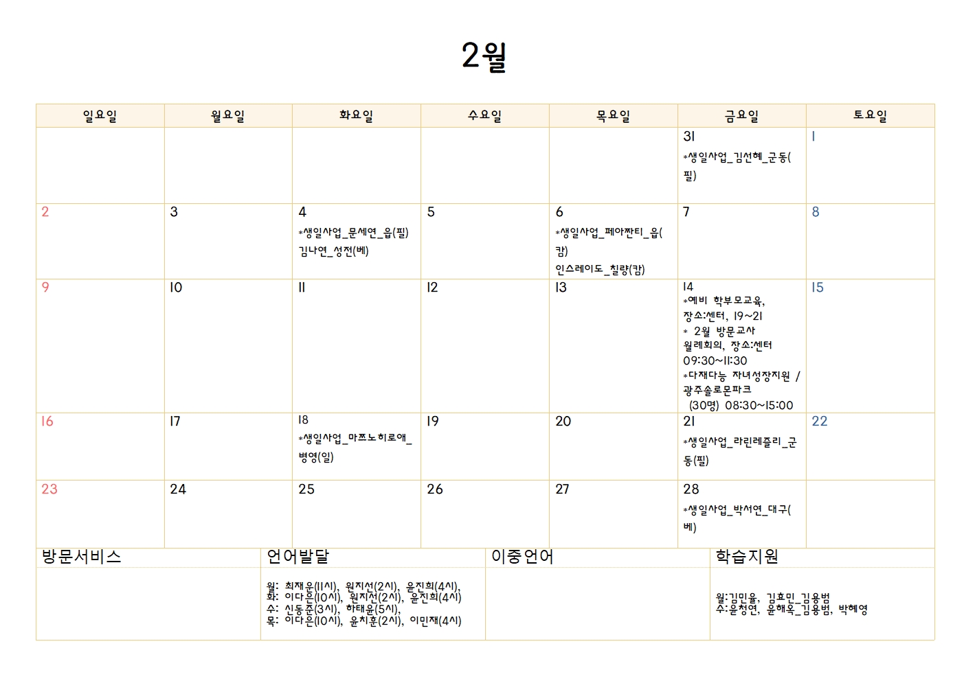 1월 31일 금요일 - 생일사업_김선혜_군동(필)
2월 4일 화요일 - 생일사업_문세연_읍(필) / 김나연_성전(베)
2월 6일 목요일 - 생일사업_페아짠티_읍(캄) / 인스레이도_칠량(캄)
2월 14일 금요일 -
* 예비 학부모교육,
장소 : 센터, 19시 ~ 21시

*2월 방문교사 월례회의
장소 : 센터, 09:30 ~ 11:30

*다재다능 자녀성장지원 / 광주솔로몬파크 (30명)
08:30 ~ 15:00

2월 18일 화요일 - 생일사업_마쯔노히로애_병영(일)
2월 21일 금요일 - 생일사업_라린레즐리_군동(필)
2월 28일 금요일 - 생일사업_박서연_대구(베)

언어발달
월 : 최재운(11시), 원지선(2시), 윤진희(4시)
화 : 이다은(10시), 원지선(2시), 윤진희(4시)
수 : 신동준(3시), 하태윤(5시)
목 : 이다은(10시), 윤치훈(2시), 이민재(4시)

학습지원
월 : 김민율, 김요민_김용범
수 : 윤청연, 윤해옥_김용범, 박혜영