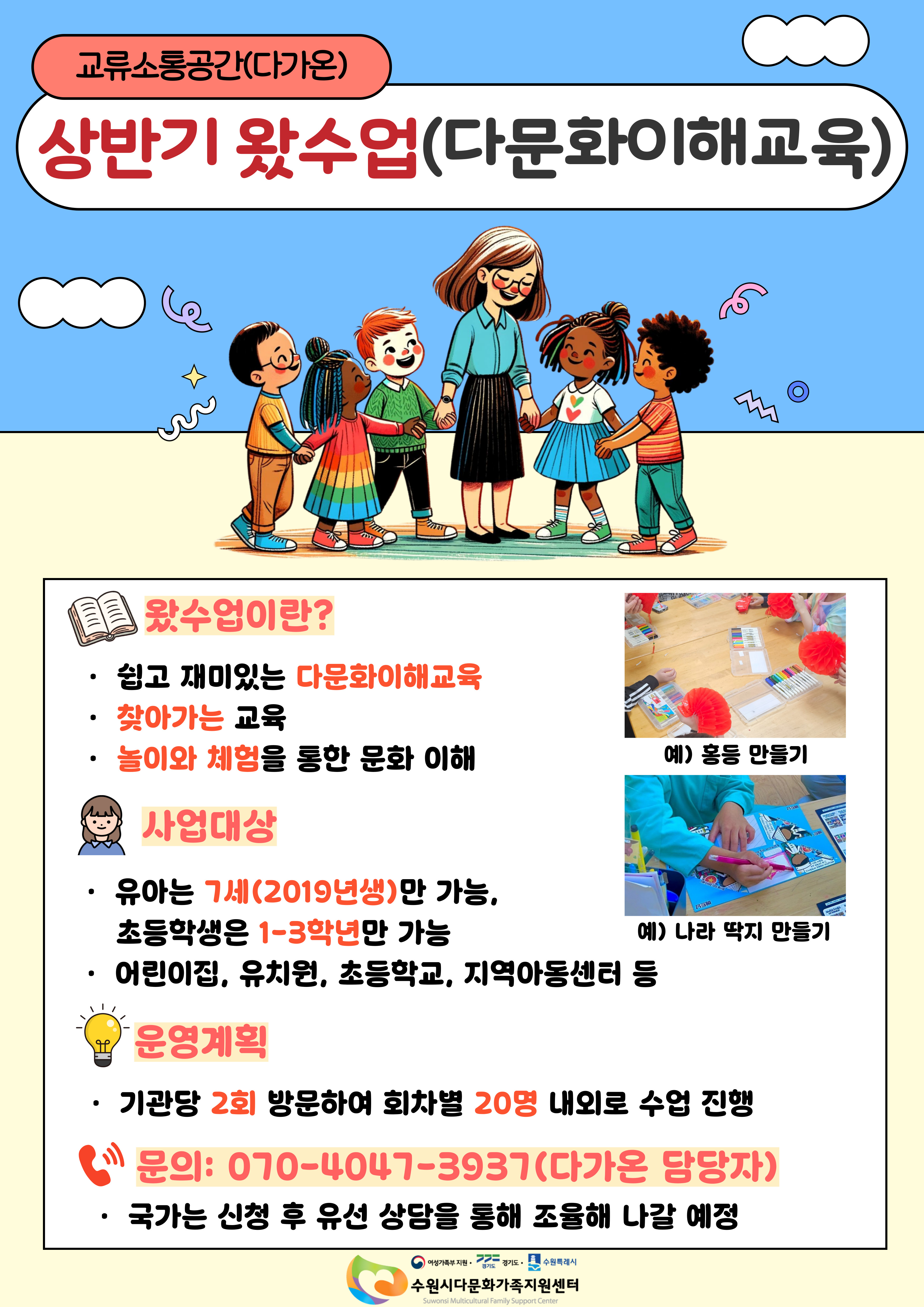 교류소통공간(다가온)
상반기 왔수업(다문화이해교육)
왔수업이란?
- 쉽고 재미있는 다문화이해교육
- 찾아가는 교육
- 놀이와 체험을 통한 문화 이해
예) 홍동 만들기 / 나라 딱지 만들기
사업대상
- 유아는 7세(2019년생)만 가능, 초등학생은 1~3학년만 가능
- 어린이집, 유치원, 초등학교, 지역아동센터 등
운영계획
- 기관당 2회 방문하여 회차별 20명 내외로 수업 진행
문의 : 070-4047-3937(다가온 담당자)
국가는 신청 후 유선 상담을 통해 조율해 나갈 예정
수원시다문화가족지원센터